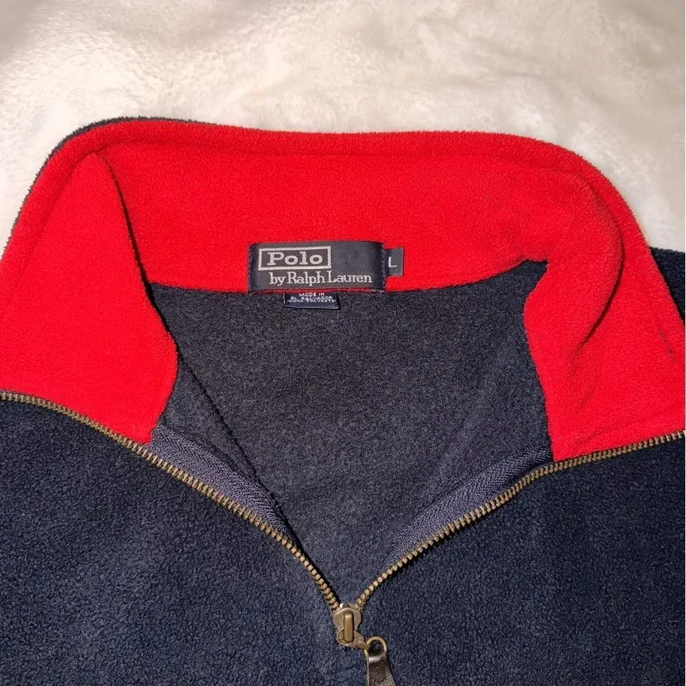 Vintage Polo Ralph Lauren Quarter Zip Fleece Navy Red Collar Pony Men L 90s